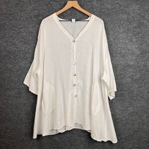 La Fixsun‎ USA White Linen Button Down Tunic Top Oversized Pockets size M